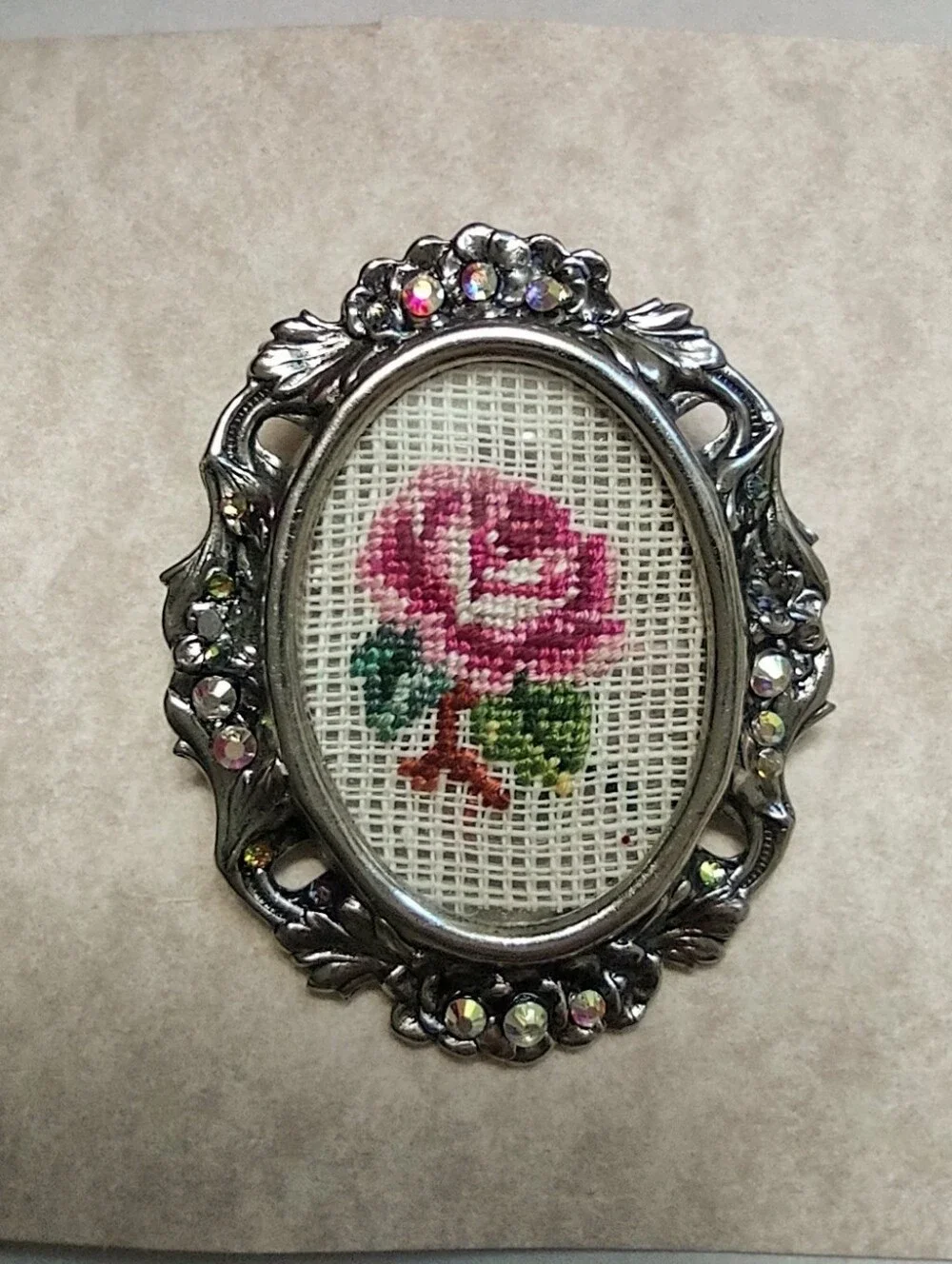 Old Fashioned Rose Needlepoint In Oval Pendant
